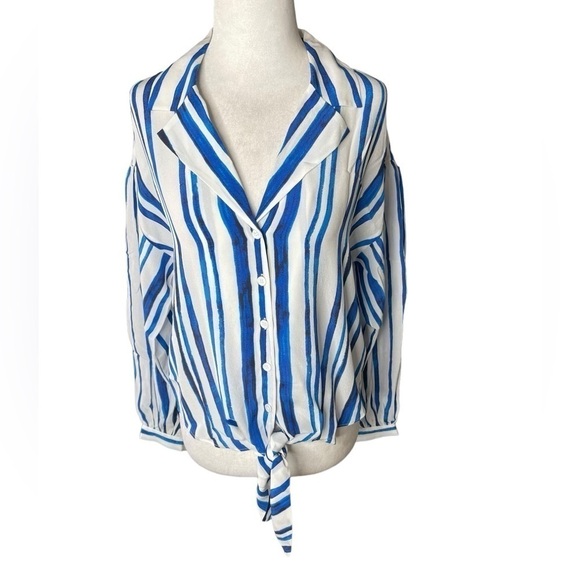 Soft Surroundings Silk  Striped Button Down Tie Front Shirt Blue & White Small - Picture 1 of 11